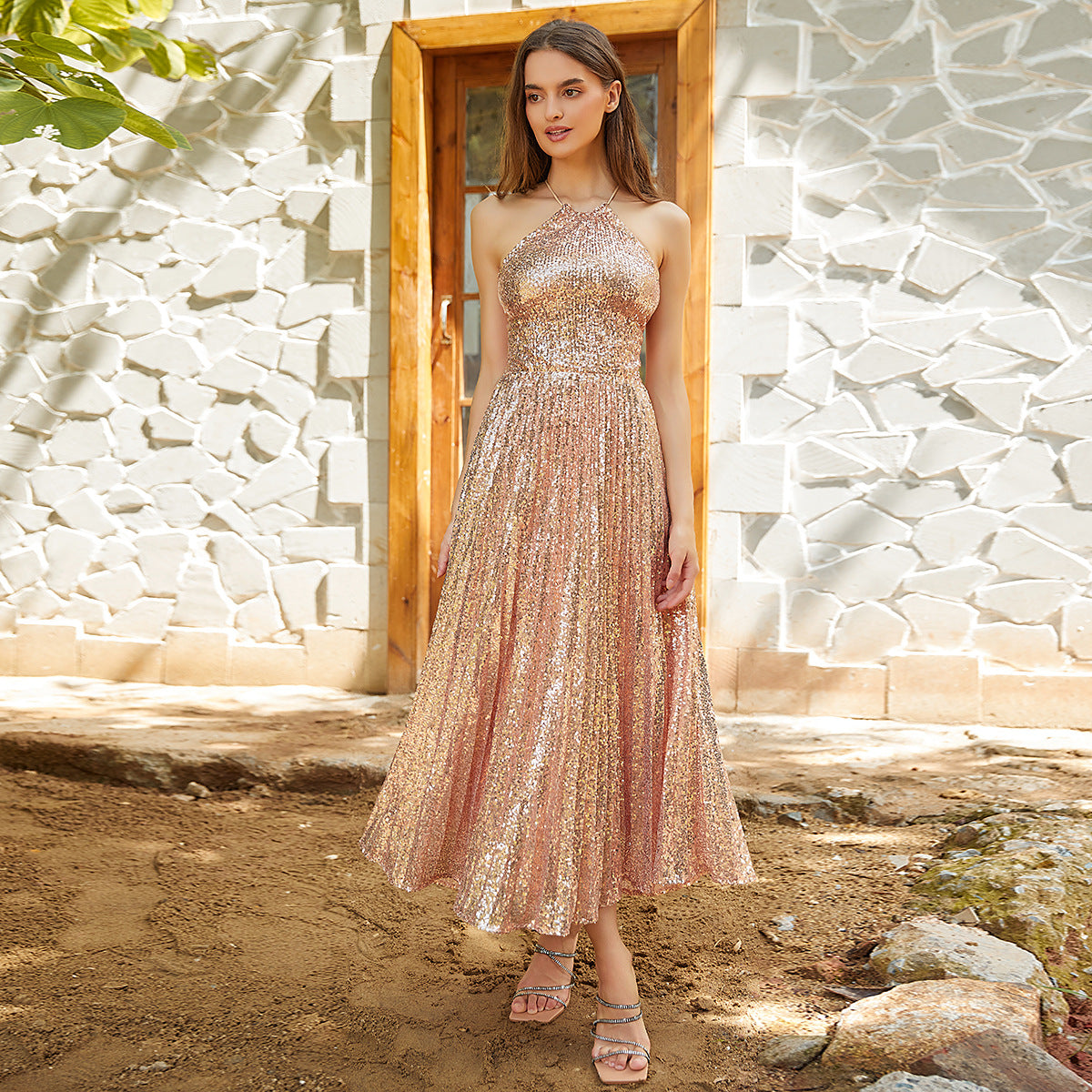 Women’s Sexy Backless Pleated Halter Sequined Midi Dress