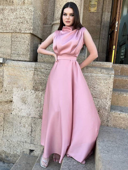 Sleeveless Dress Belted Pleated Prom Maxi Dresses In Solid Color
