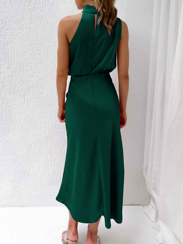 Sleeveless Solid Color Halter-Neck Midi Dresses