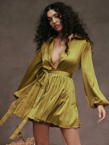 Shirt Dresses Olive V-Neck Pleated Long Sleeves Satin Fabric Mini Dresses Dresses