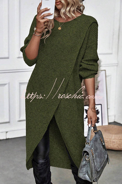 Essence Solid Wrap Hem Knitted Long Sleeve Midi Sweater