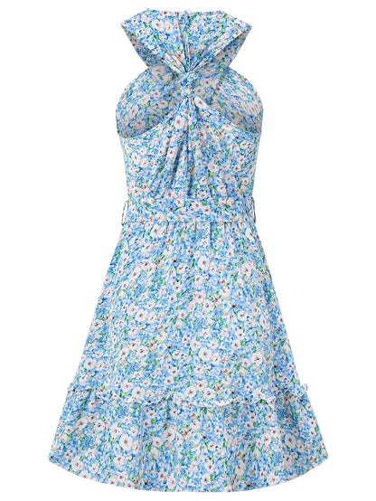 Ariana Halter Floral Mini Dress - Blue