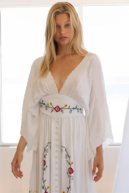 Floral Embroidered V-Neck Midi Dress