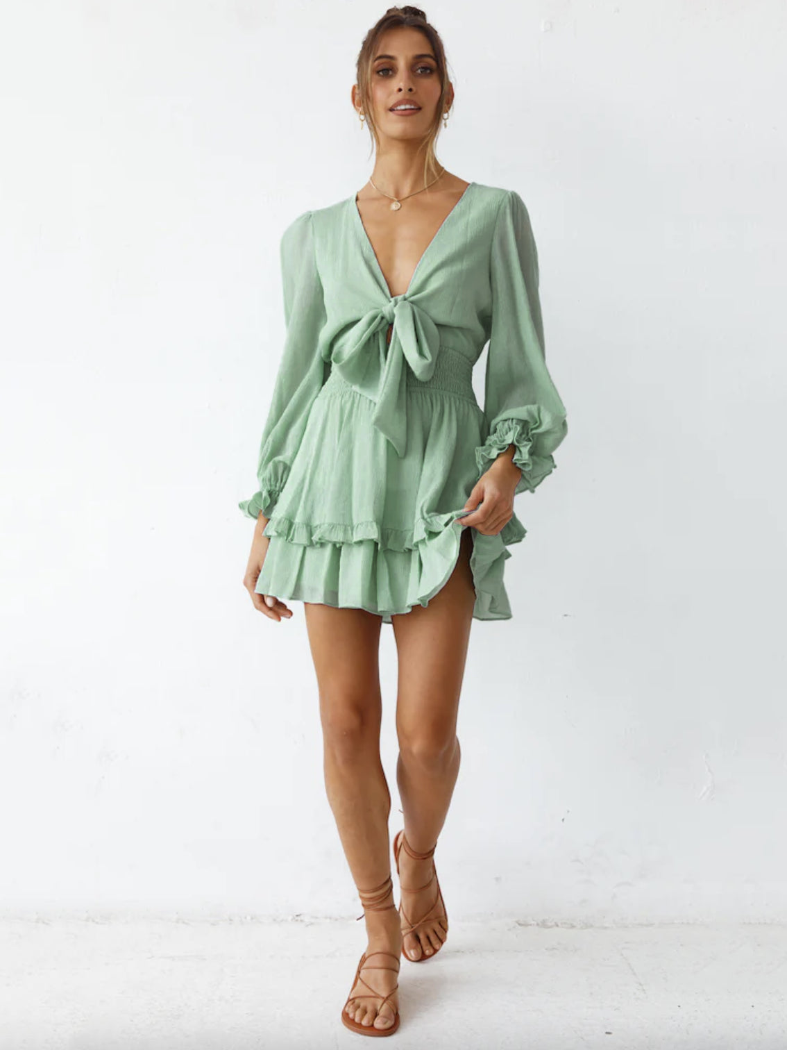 Mini Dresses Green V Neck Lace Up Long Sleeves Bows Chiffon Short Summer Dress