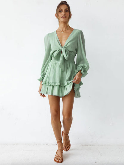 Mini Dresses Green V Neck Lace Up Long Sleeves Bows Chiffon Short Summer Dress