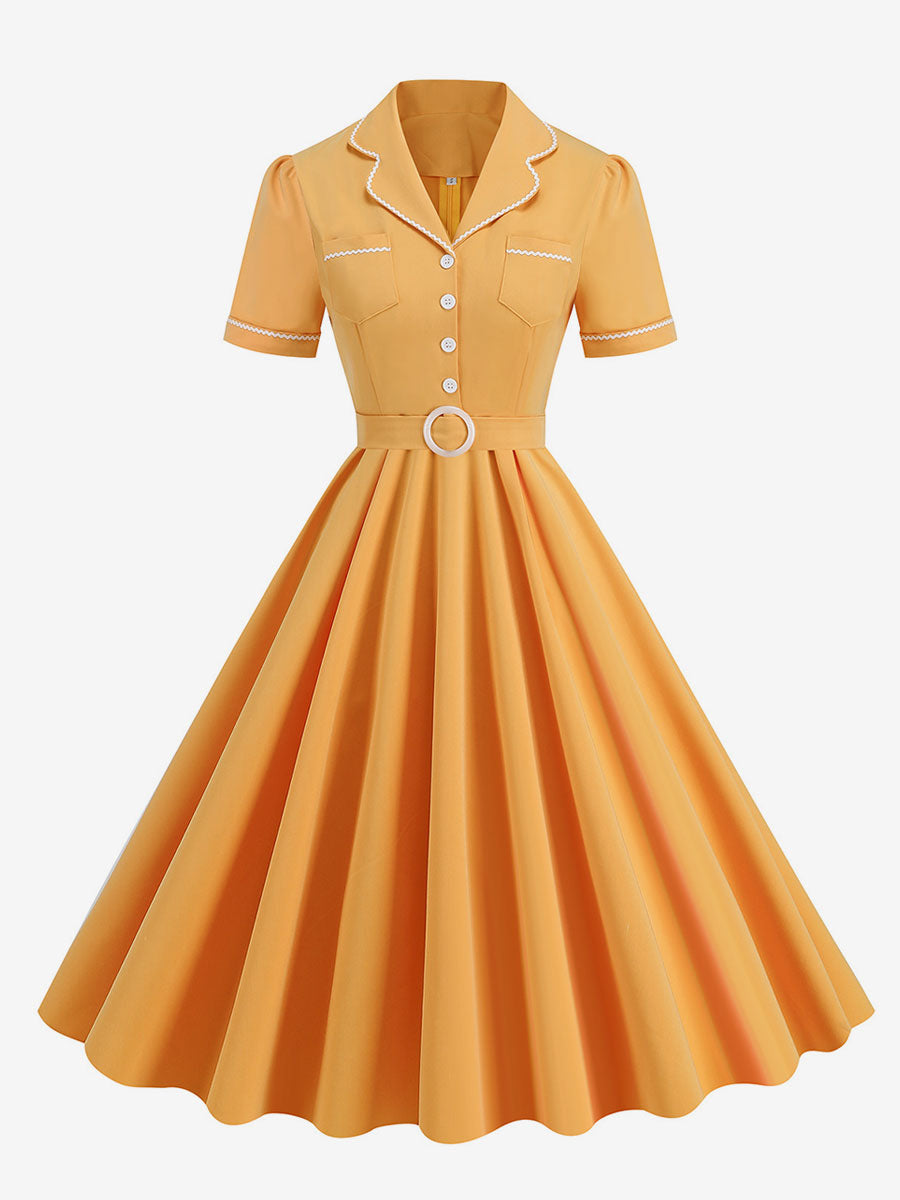 Dress Buttons Ring Detail Short Sleeves Retro Midi Dress