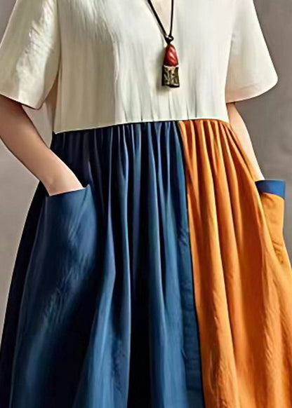 French Colorblock Oversized Patchwork Cotton Maxi Dress Summer