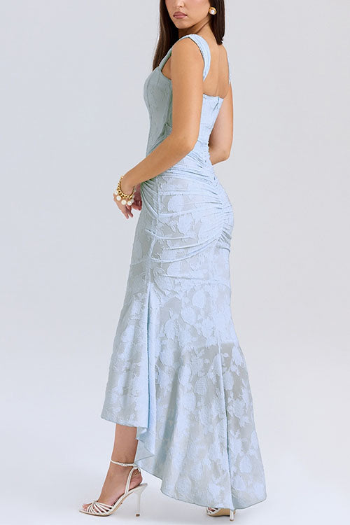 Sleeveless Ruched Waist Ruffle Hem Jacquard Maxi Dress