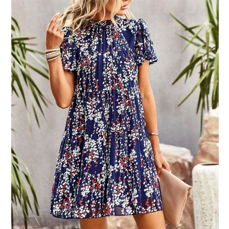 Bohemian Print Mini Dress with Round Neck for Women