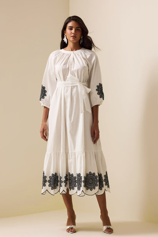Embroidered Raglan Sleeve Midi Dress With Belt