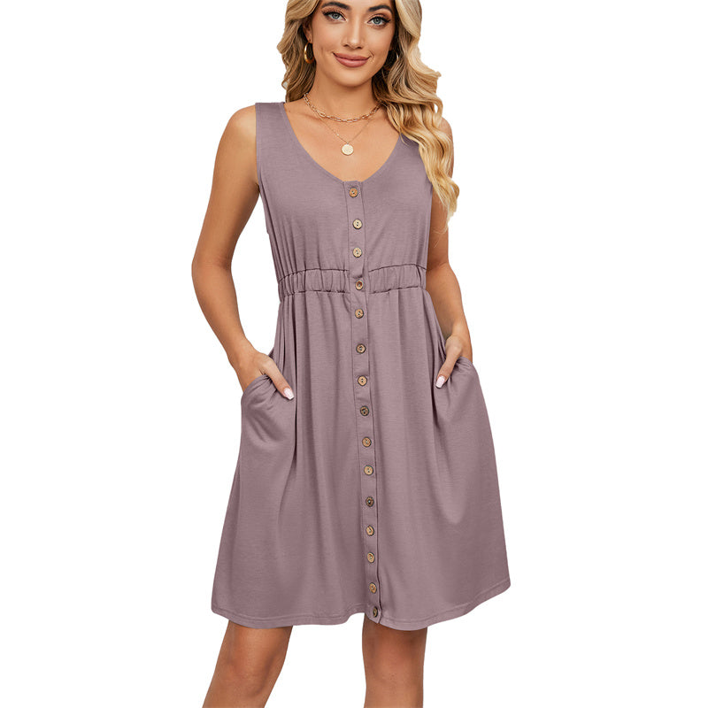 Solid Color Sleeveless Mini Dress with Button Details
