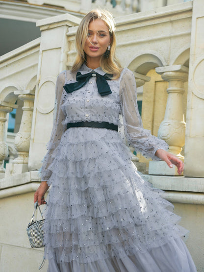 Black Layering Dress High Collar Bow Tie Polka Dot Party Maxi Dresses