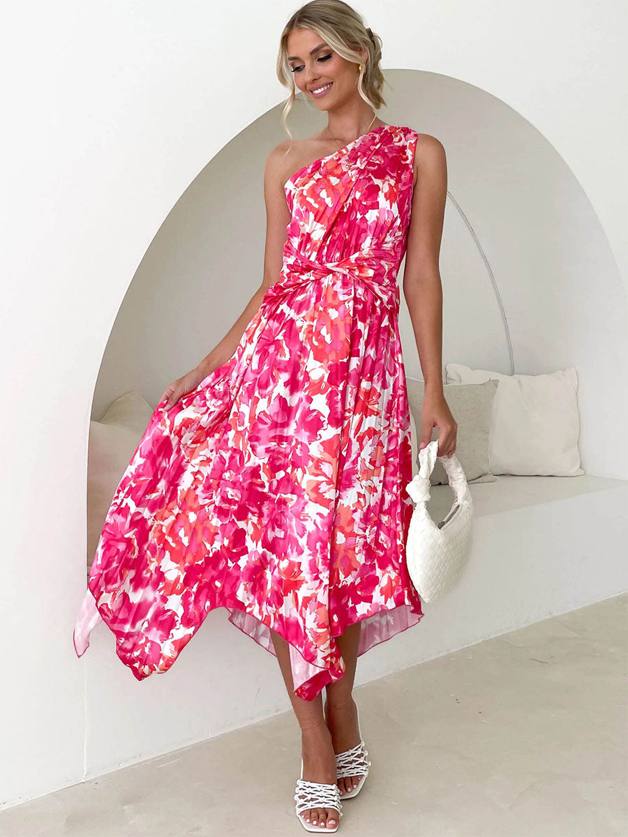 Summer Midi Dress Light Sky Blue Asymmetrical Neck Pleated Printed Spandex Beach Dress