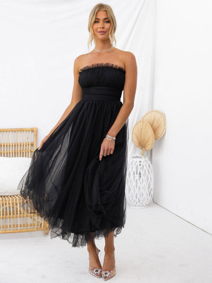 Tulle Dresses Strapless Pleated Off The Shoulder Layered Prom Midi Dress