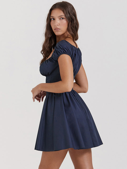 Short Dress Pleated Square Neck Puff Sleeves Graduation Party Mini Dresses