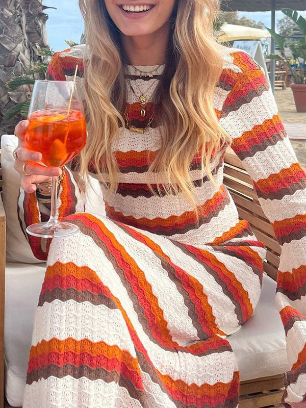 Long Sleeves Loose Backless Split-Joint Striped Round-Neck Maxi Dresses Sweater Dresses