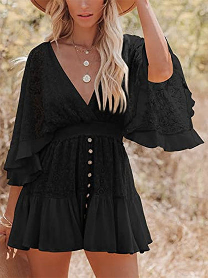 Boho Dress Lace V Neck Batwing White Flare Mini Dress for Women