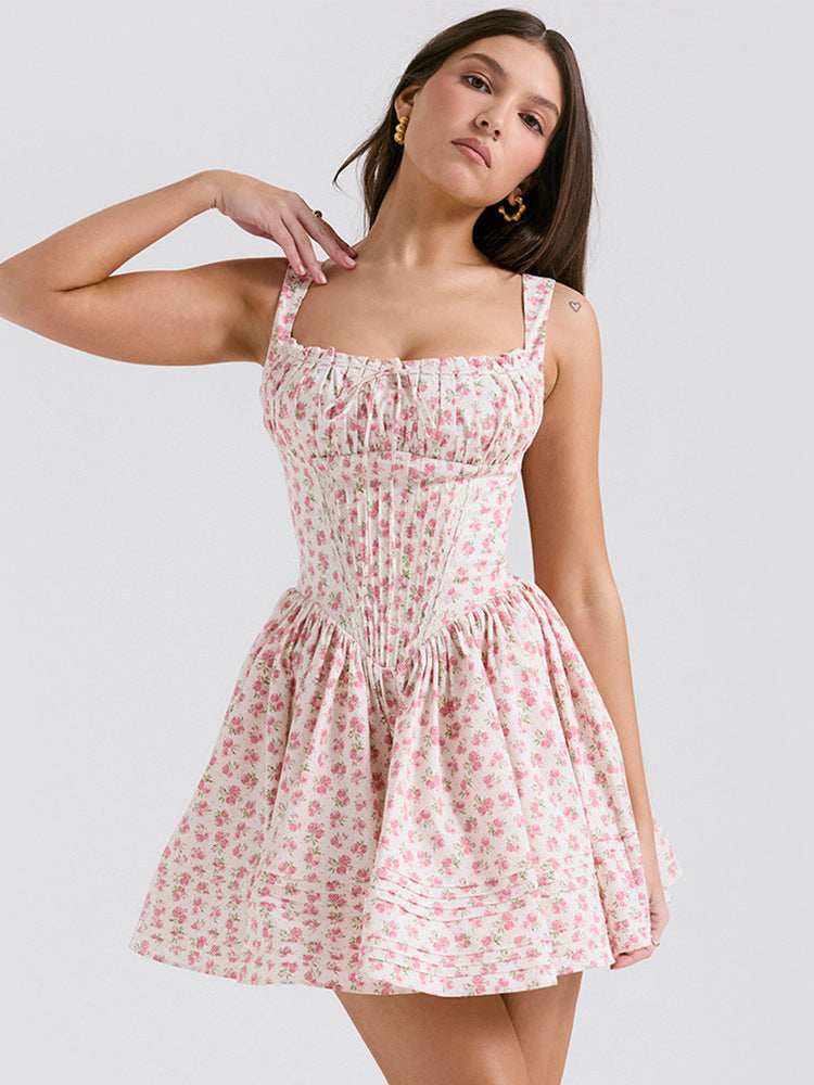 Floral Dress Mini Dresses Dresses Floral Print Lace Up Straps Neck Sleeveless No Open Seam Elegant Fall Short