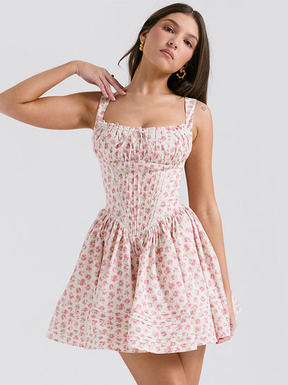 Floral Dress Mini Dresses Dresses Floral Print Lace Up Straps Neck Sleeveless No Open Seam Elegant Fall Short