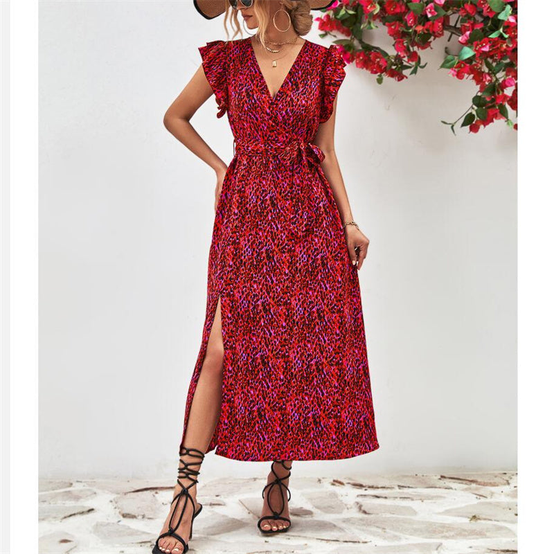 Stylish V-Neck Split Print Maxi Dress Available in Colors