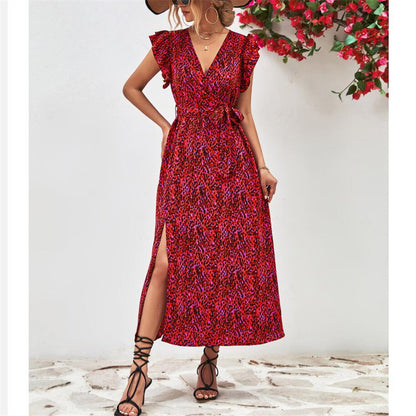 Stylish V-Neck Split Print Maxi Dress Available in Colors