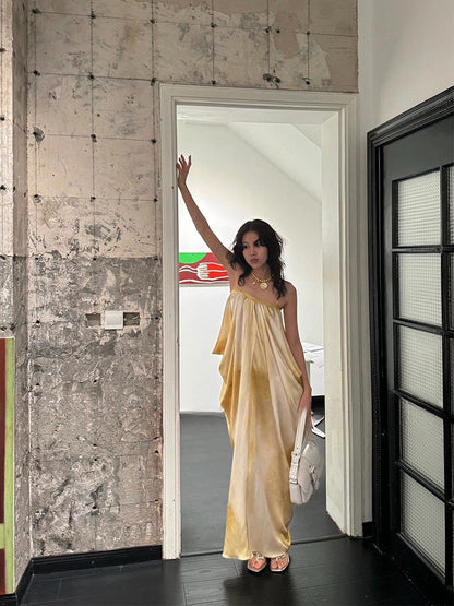 French Chic Tie-Dye Maxi Dress – Elegant Ruched Slip Dress for Summer Beach Getaway
