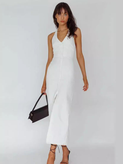 Plain Halter Dress Buttons V-Neck Backless Slit Convertible Party Midi Dresses
