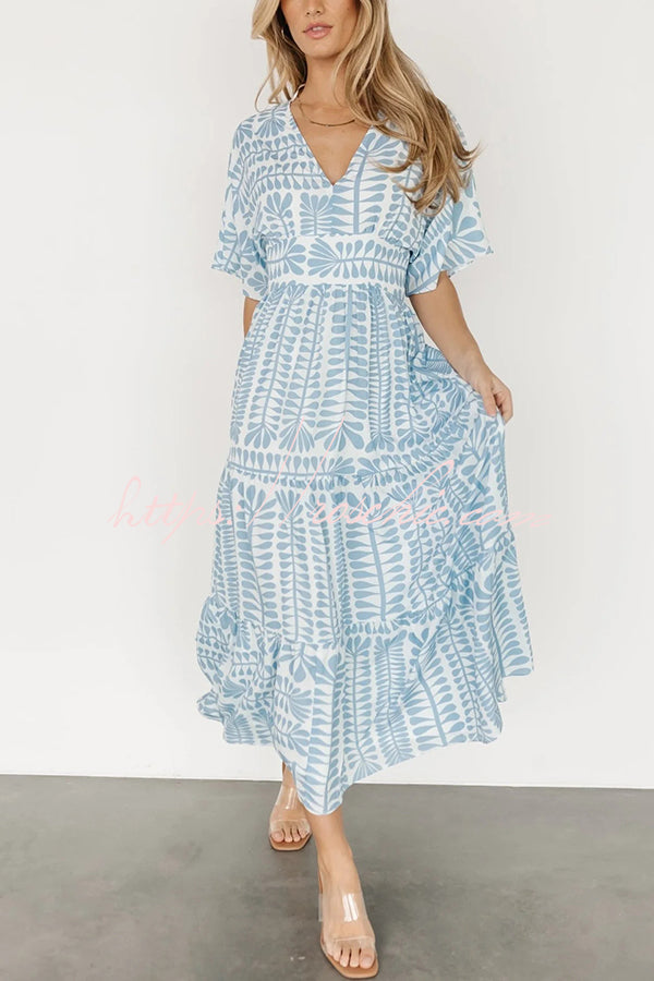 Bohemian Style Unique Printed Short Sleeve High Waist Midi Dress