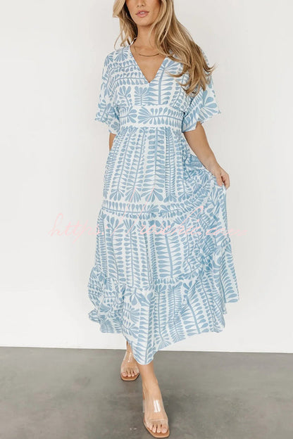 Bohemian Style Unique Printed Short Sleeve High Waist Midi Dress