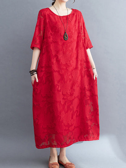 Loose Three-Quarter Sleeves Jacquard See-Through Solid Color Round-Neck Midi Dresses