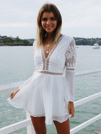 Summer Mini Dresses White V-Neck Lace Beach Dress