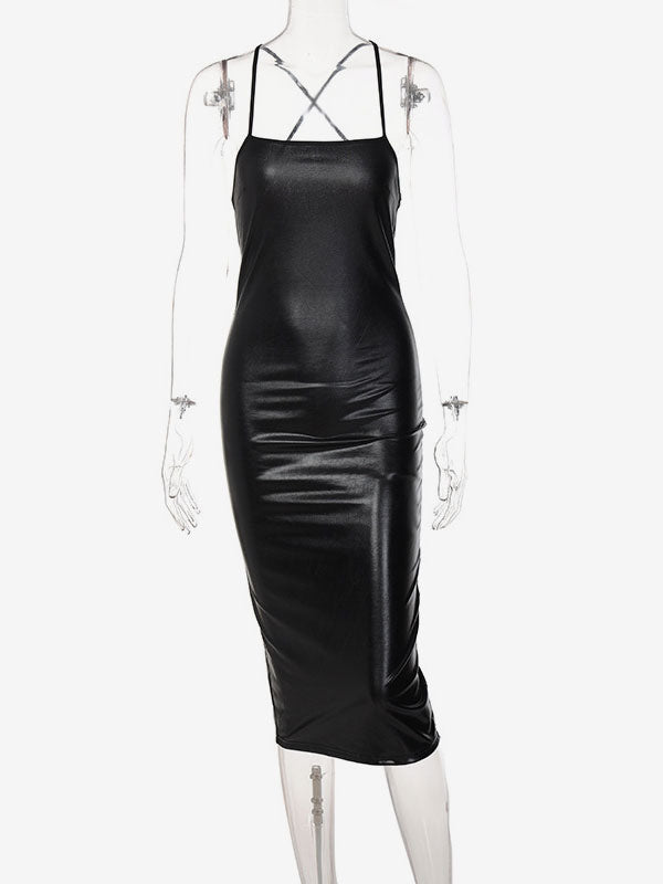 Birthday Open Shoulder PU Leather Sexy Straps Neck Sleeveless Midi Dress