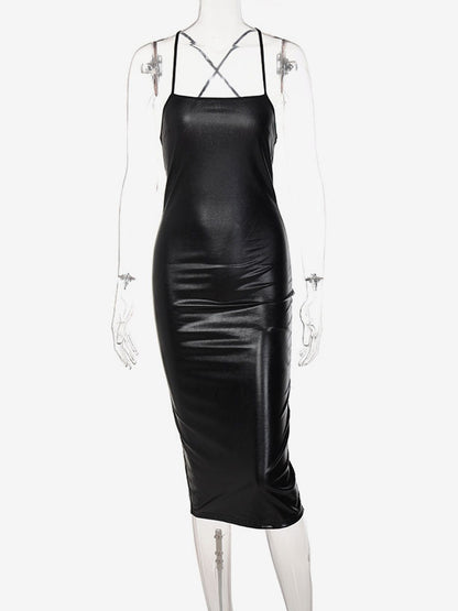 Birthday Open Shoulder PU Leather Sexy Straps Neck Sleeveless Midi Dress