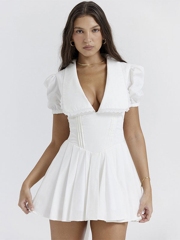 Summer Mini Dresses White V-Neck Bows Beach Dress