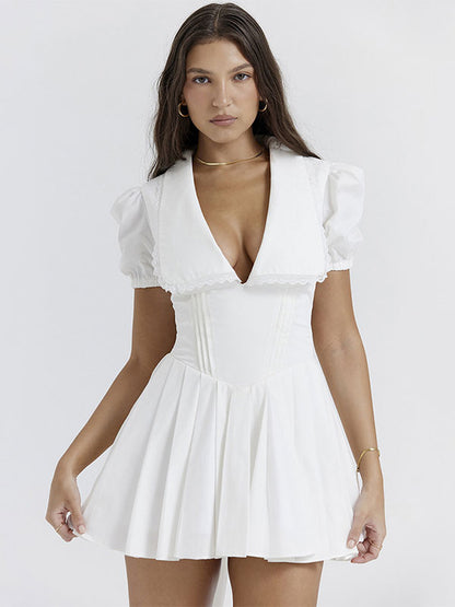 Summer Mini Dresses White V-Neck Bows Beach Dress