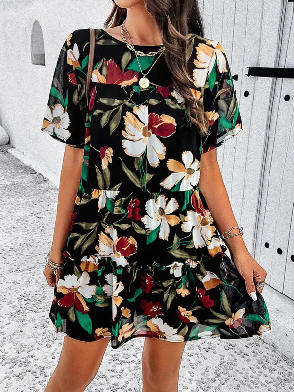 Botanical print short-sleeved tiered mini dress