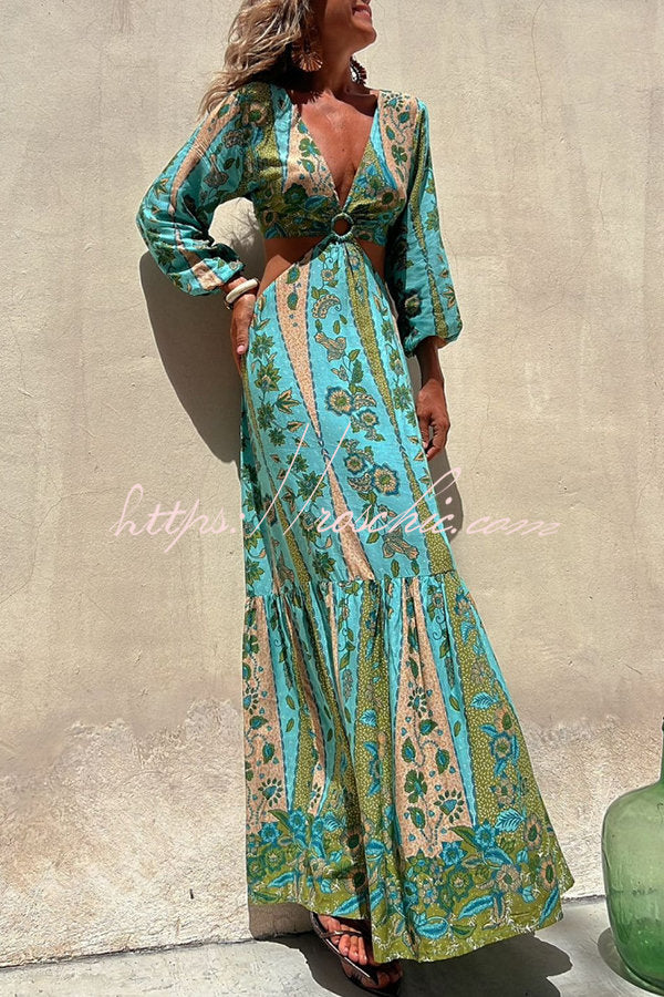 Surprised By You Printed Side Cutout Elastic Waist Maxi Dress
