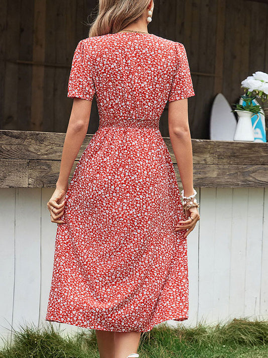 V-Neck Short Sleeves Midi Dress