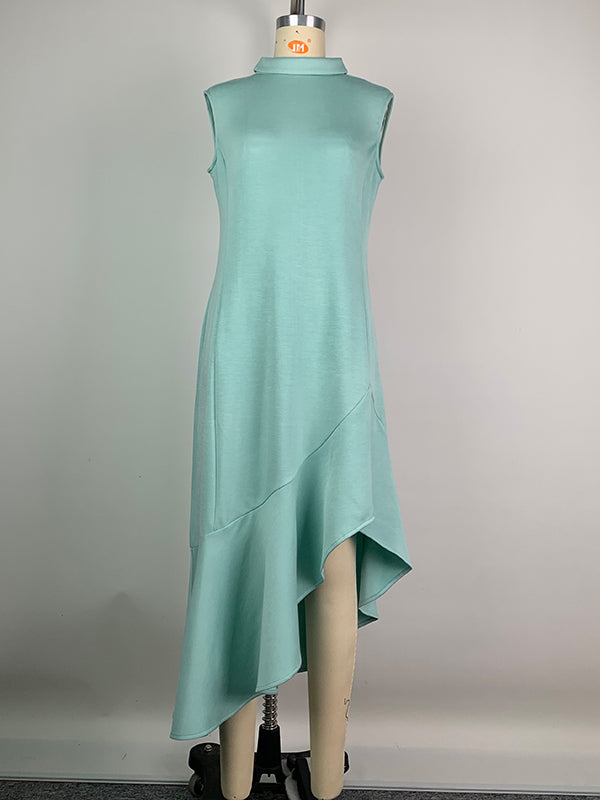 Bodycon Sleeveless Asymmetric Pleated Ruffle Trim Solid Color Split-Joint Mock Neck Midi Dresses