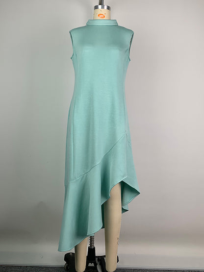 Bodycon Sleeveless Asymmetric Pleated Ruffle Trim Solid Color Split-Joint Mock Neck Midi Dresses