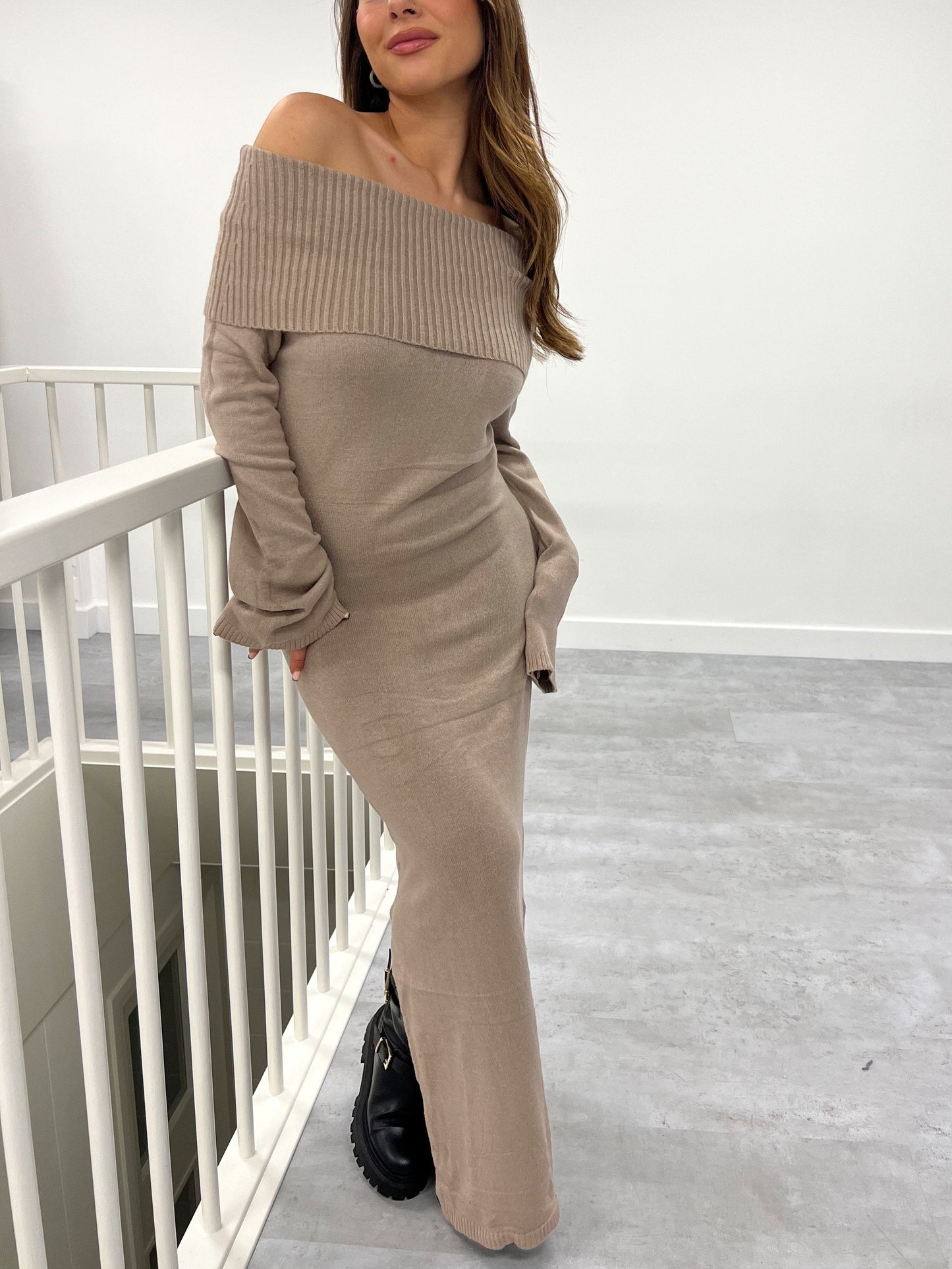 Off Shoulder Ribbed Foldover Collar Long Sleeve Bodycon Knit Maxi Dress