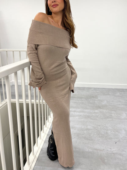 Off Shoulder Ribbed Foldover Collar Long Sleeve Bodycon Knit Maxi Dress