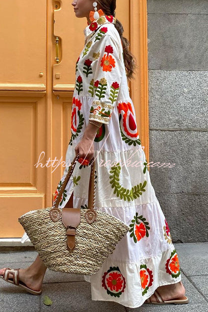 Botanical Print Lapel Ruffled Resort Maxi Dress