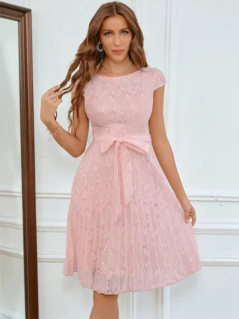 Lace Cap Sleeve Belted Fit and Flare Cocktail Midi Dress