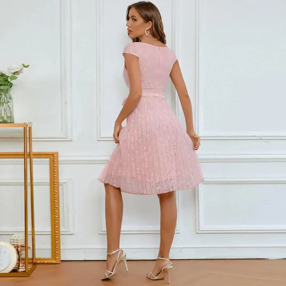 Lace Cap Sleeve Belted Fit and Flare Cocktail Midi Dress