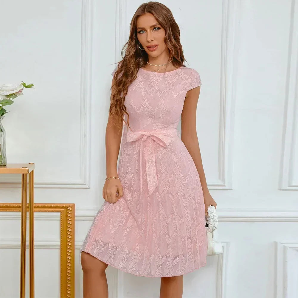 Lace Cap Sleeve Belted Fit and Flare Cocktail Midi Dress