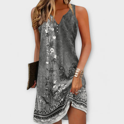 V-Neck Button Front Floral Border Print Tank Mini Dress