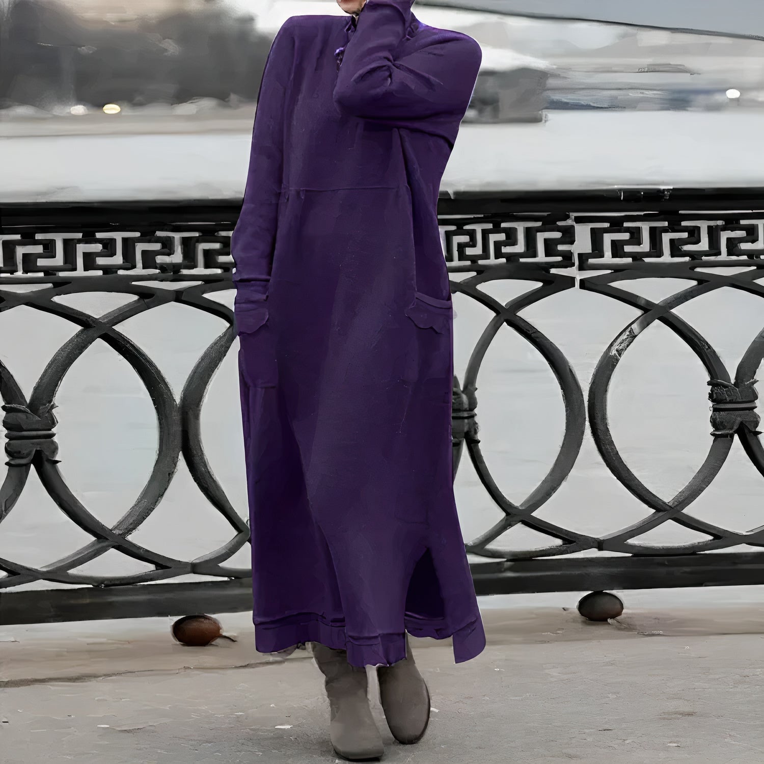 Rib Knit Mock Neck Long Sleeve Patch Pocket Maxi Sweatshirt Dress