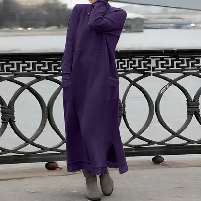 Rib Knit Mock Neck Long Sleeve Patch Pocket Maxi Sweatshirt Dress