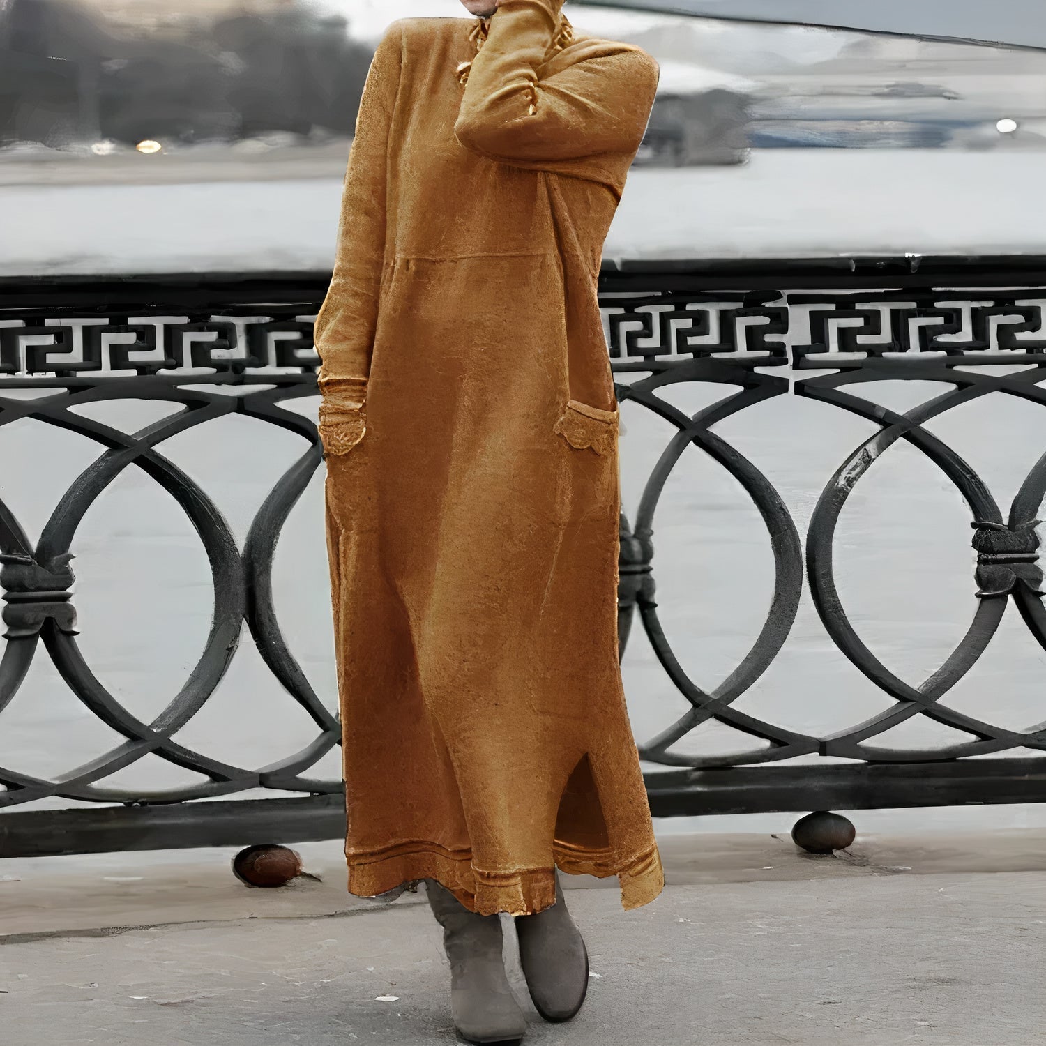 Rib Knit Mock Neck Long Sleeve Patch Pocket Maxi Sweatshirt Dress